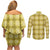 Yellow Hawaiian Quilt Couples Matching Off Shoulder Short Dress and Long Sleeve Button Shirt Hawaii Pineapple Monstera Palaka Motifs - Polynesian Pride