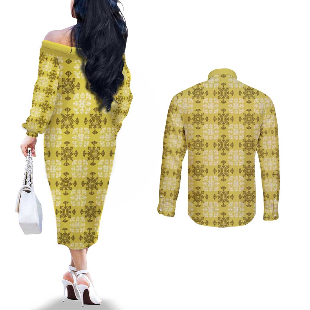 Yellow Hawaiian Quilt Couples Matching Off The Shoulder Long Sleeve Dress and Long Sleeve Button Shirt Hawaii Pineapple Monstera Palaka Motifs - Polynesian Pride