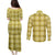 Yellow Hawaiian Quilt Couples Matching Puletasi and Long Sleeve Button Shirt Hawaii Pineapple Monstera Palaka Motifs - Polynesian Pride