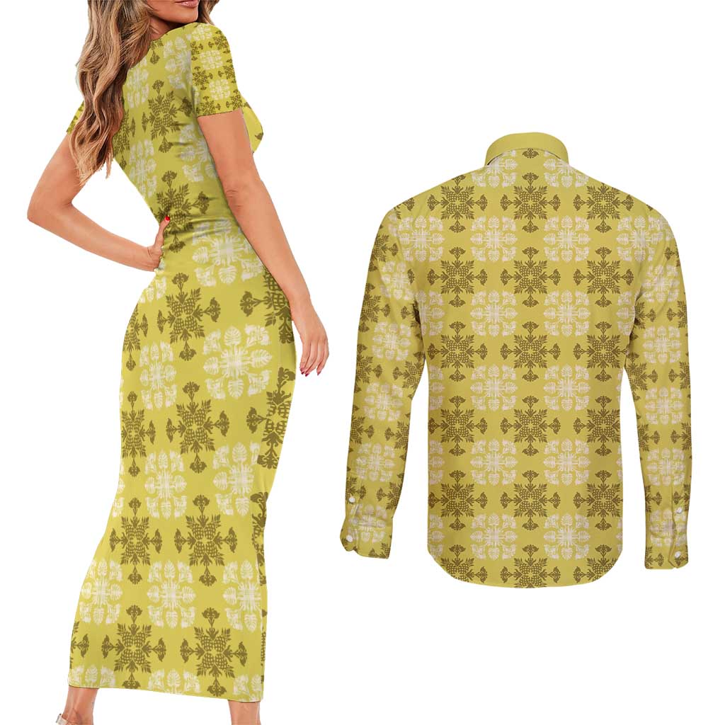 Yellow Hawaiian Quilt Couples Matching Short Sleeve Bodycon Dress and Long Sleeve Button Shirt Hawaii Pineapple Monstera Palaka Motifs - Polynesian Pride