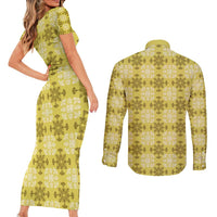 Yellow Hawaiian Quilt Couples Matching Short Sleeve Bodycon Dress and Long Sleeve Button Shirt Hawaii Pineapple Monstera Palaka Motifs - Polynesian Pride