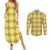 Yellow Hawaiian Quilt Couples Matching Summer Maxi Dress and Long Sleeve Button Shirt Hawaii Pineapple Monstera Palaka Motifs - Polynesian Pride