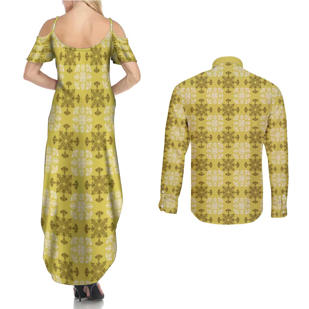 Yellow Hawaiian Quilt Couples Matching Summer Maxi Dress and Long Sleeve Button Shirt Hawaii Pineapple Monstera Palaka Motifs - Polynesian Pride
