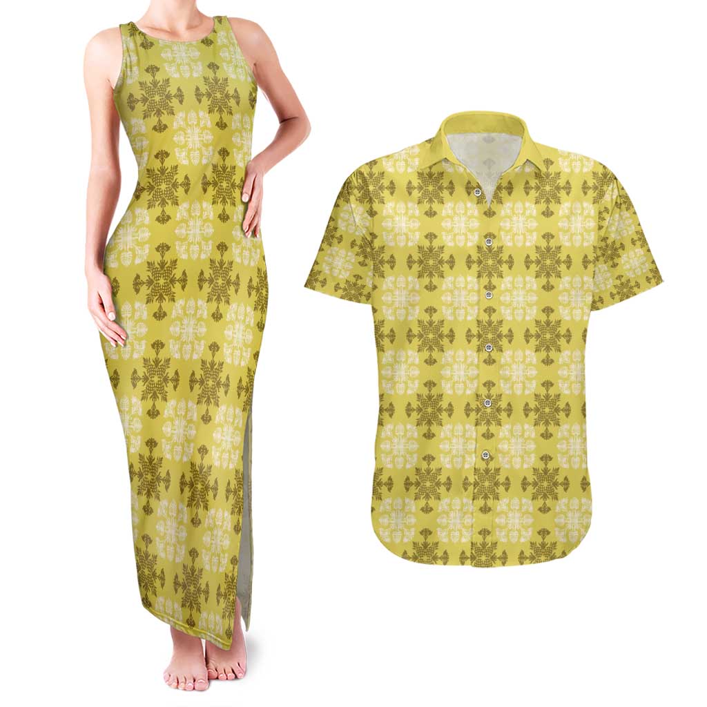 Yellow Hawaiian Quilt Couples Matching Tank Maxi Dress and Hawaiian Shirt Hawaii Pineapple Monstera Palaka Motifs - Polynesian Pride