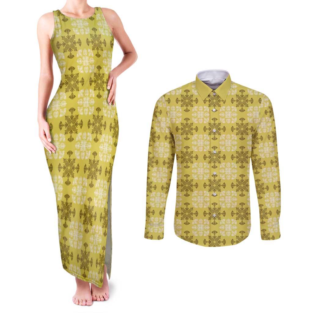 Yellow Hawaiian Quilt Couples Matching Tank Maxi Dress and Long Sleeve Button Shirt Hawaii Pineapple Monstera Palaka Motifs - Polynesian Pride