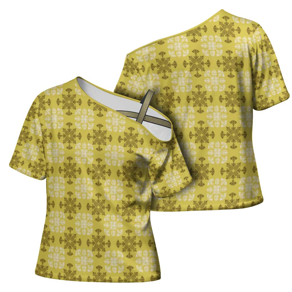 Yellow Hawaiian Quilt Cross Shoulder Shirt Hawaii Pineapple Monstera Palaka Motifs - Polynesian Pride