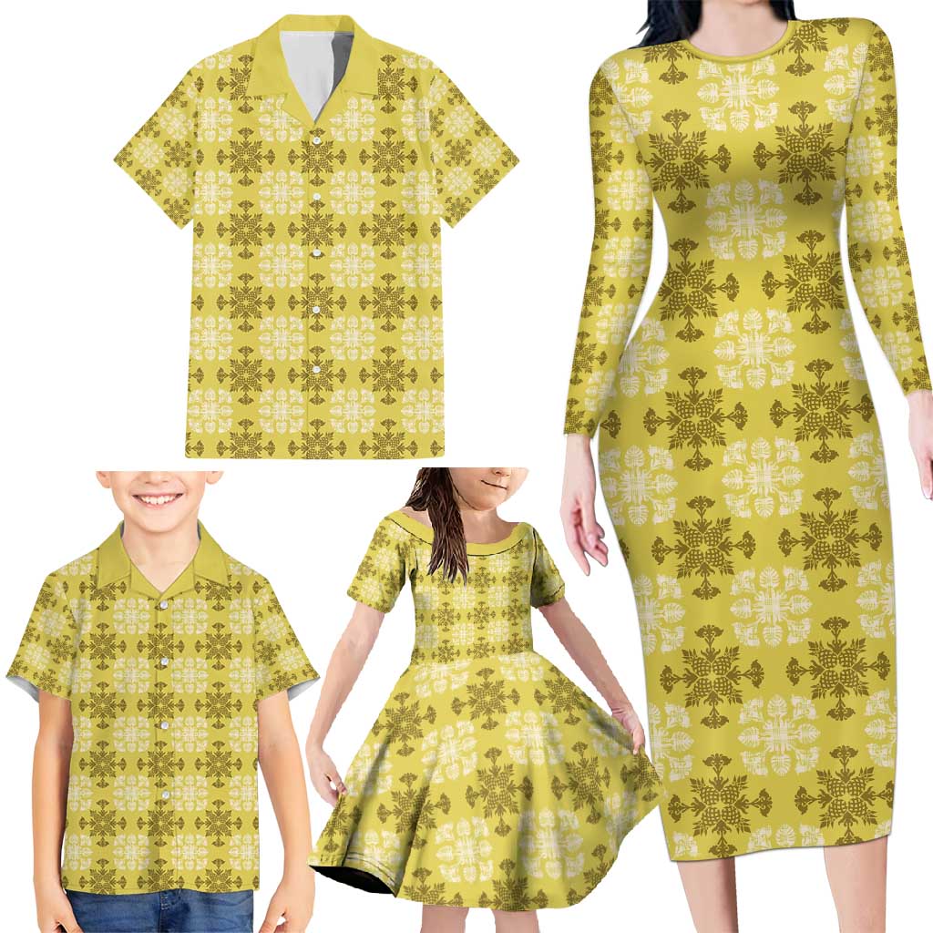 Yellow Hawaiian Quilt Family Matching Long Sleeve Bodycon Dress and Hawaiian Shirt Hawaii Pineapple Monstera Palaka Motifs - Polynesian Pride
