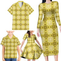 Yellow Hawaiian Quilt Family Matching Long Sleeve Bodycon Dress and Hawaiian Shirt Hawaii Pineapple Monstera Palaka Motifs - Polynesian Pride