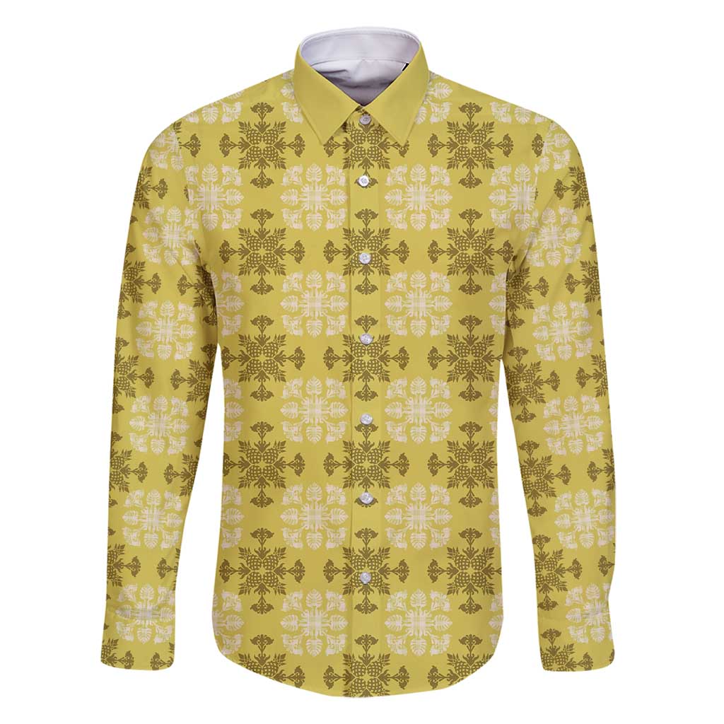 Yellow Hawaiian Quilt Family Matching Off Shoulder Short Dress and Hawaiian Shirt Hawaii Pineapple Monstera Palaka Motifs - Polynesian Pride