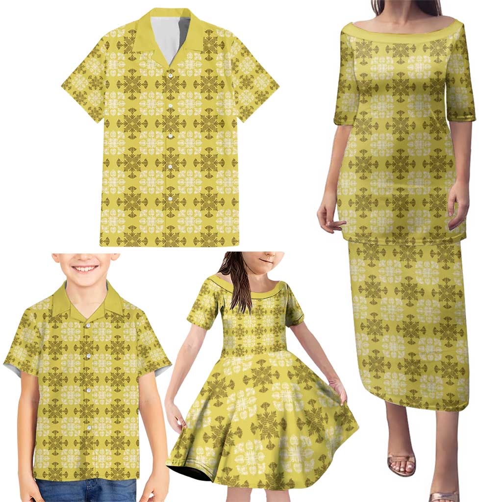 Yellow Hawaiian Quilt Family Matching Puletasi and Hawaiian Shirt Hawaii Pineapple Monstera Palaka Motifs - Polynesian Pride