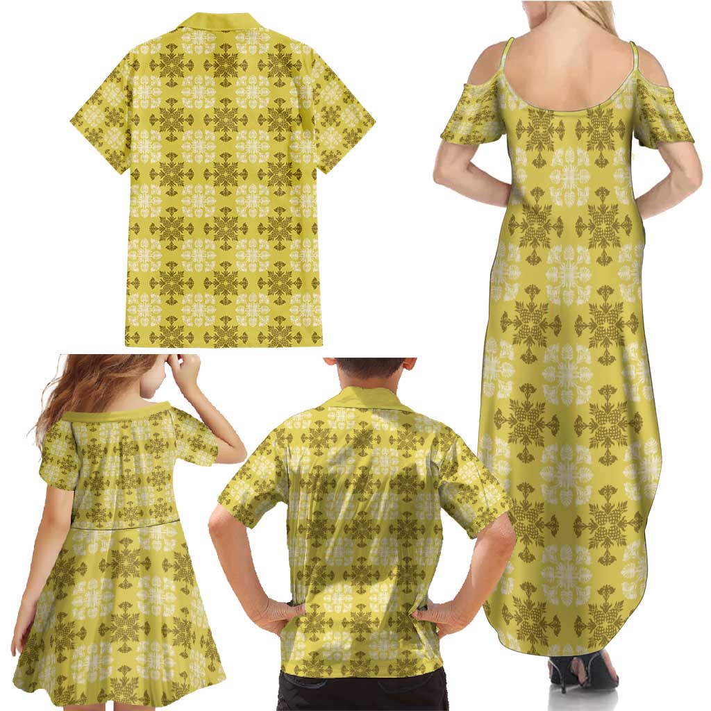 Yellow Hawaiian Quilt Family Matching Summer Maxi Dress and Hawaiian Shirt Hawaii Pineapple Monstera Palaka Motifs - Polynesian Pride