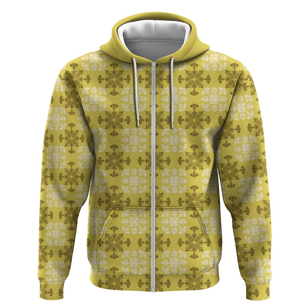 Yellow Hawaiian Quilt Hoodie Hawaii Pineapple Monstera Palaka Motifs - Polynesian Pride