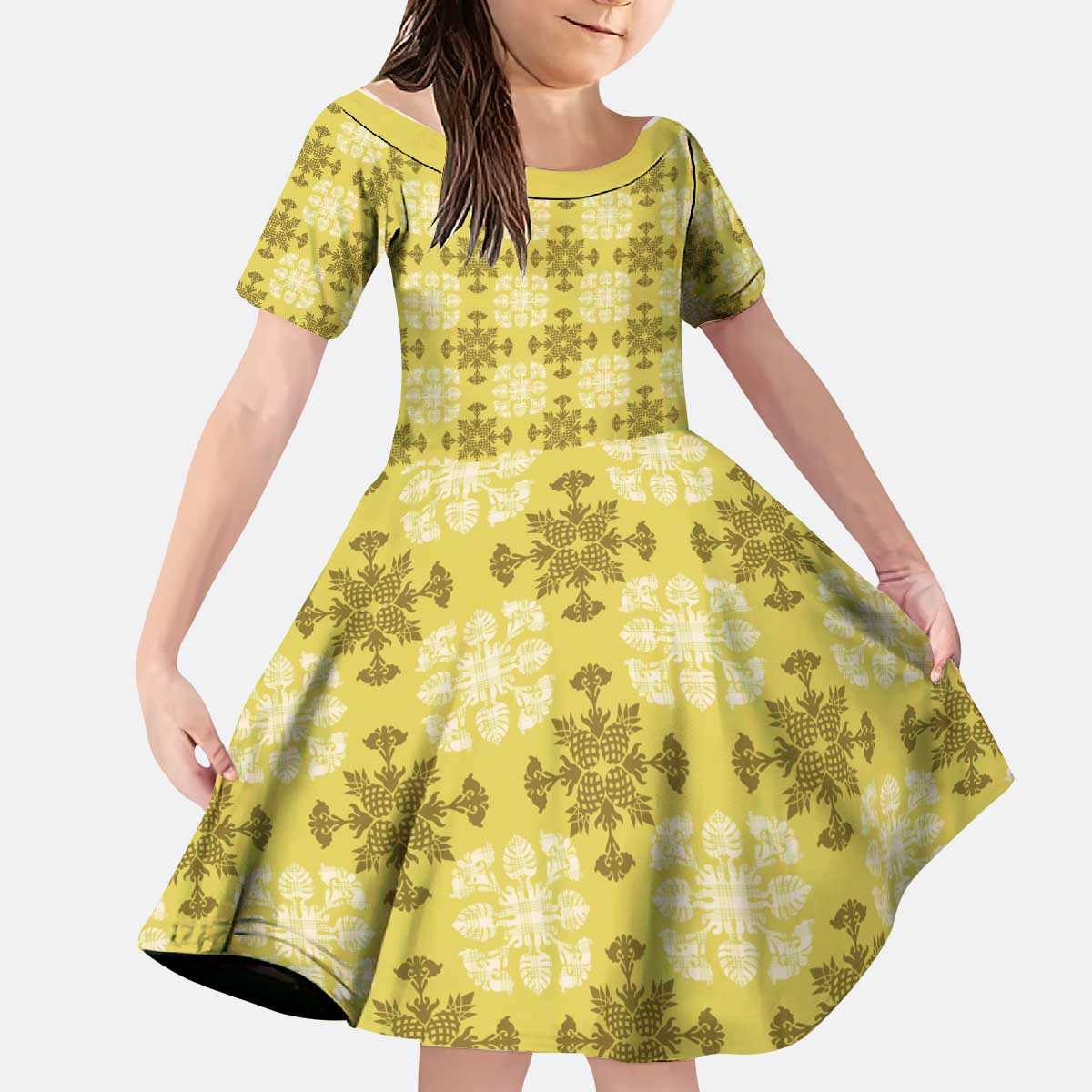 Yellow Hawaiian Quilt Kid Short Sleeve Dress Hawaii Pineapple Monstera Palaka Motifs - Polynesian Pride