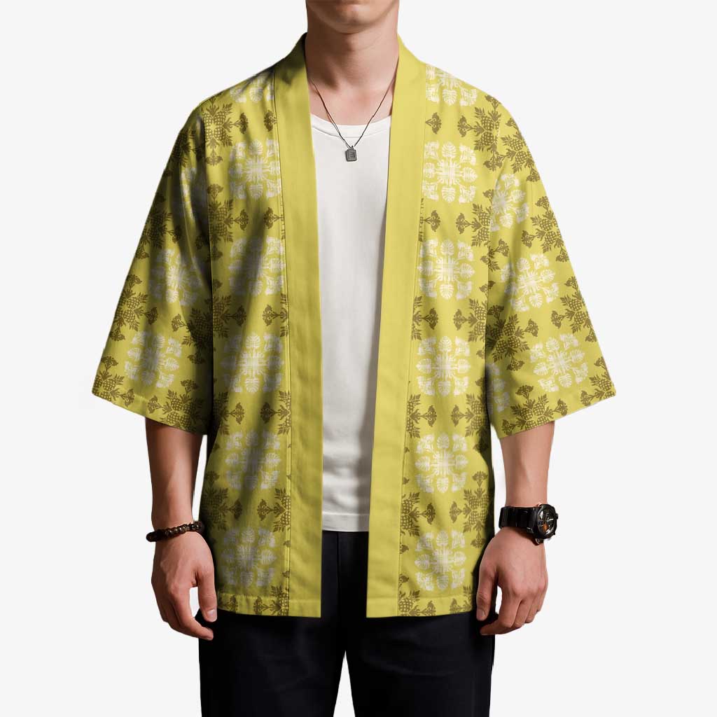 Yellow Hawaiian Quilt Kimono Hawaii Pineapple Monstera Palaka Motifs - Polynesian Pride