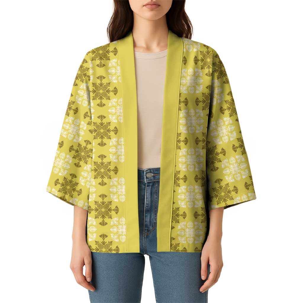 Yellow Hawaiian Quilt Kimono Hawaii Pineapple Monstera Palaka Motifs - Polynesian Pride