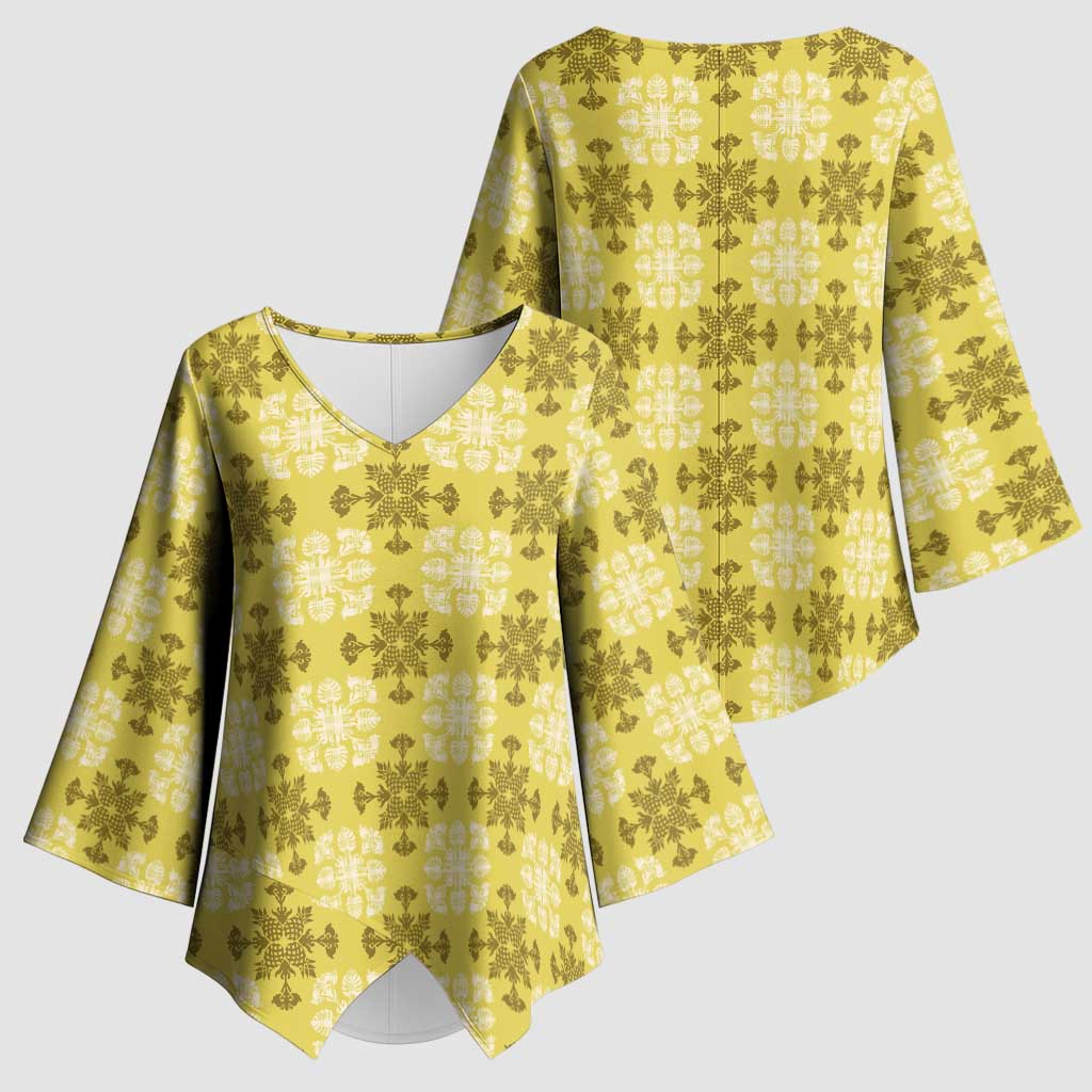 Yellow Hawaiian Quilt Kimono Sleeve Blouse Hawaii Pineapple Monstera Palaka Motifs - Polynesian Pride