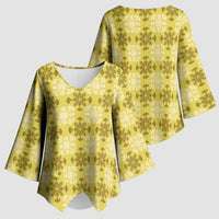 Yellow Hawaiian Quilt Kimono Sleeve Blouse Hawaii Pineapple Monstera Palaka Motifs - Polynesian Pride