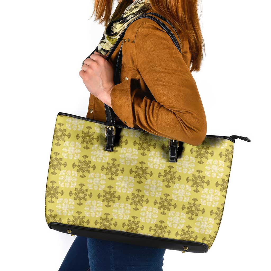 Yellow Hawaiian Quilt Leather Tote Bag Hawaii Pineapple Monstera Palaka Motifs - Polynesian Pride