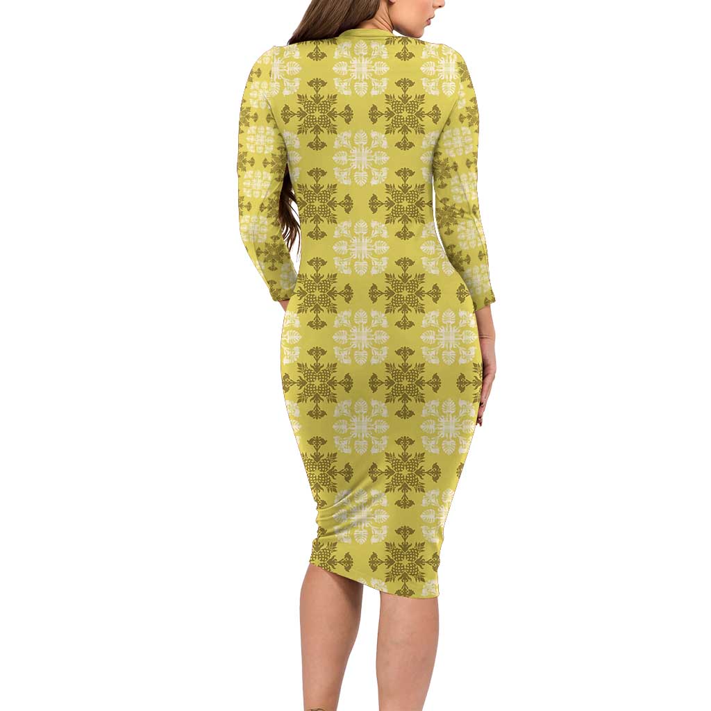 Yellow Hawaiian Quilt Long Sleeve Bodycon Dress Hawaii Pineapple Monstera Palaka Motifs - Polynesian Pride