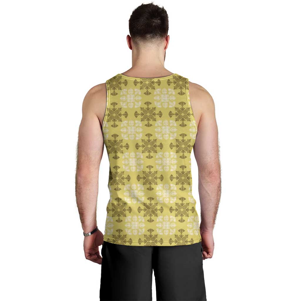Yellow Hawaiian Quilt Men Tank Top Hawaii Pineapple Monstera Palaka Motifs - Polynesian Pride