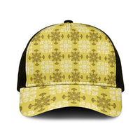 Yellow Hawaiian Quilt Mesh Trucker Cap Hawaii Pineapple Monstera Palaka Motifs - Polynesian Pride