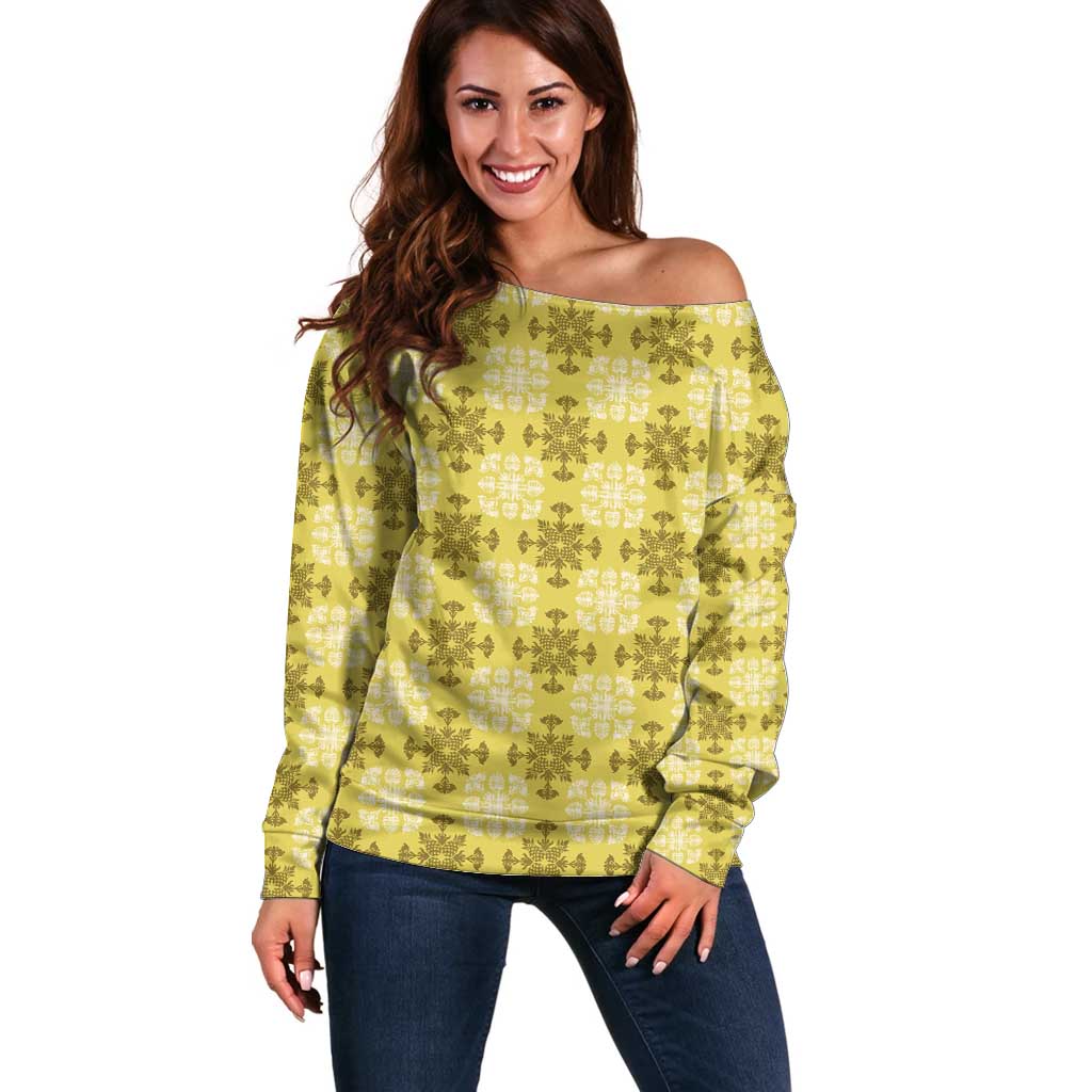 Yellow Hawaiian Quilt Off Shoulder Sweater Hawaii Pineapple Monstera Palaka Motifs - Polynesian Pride