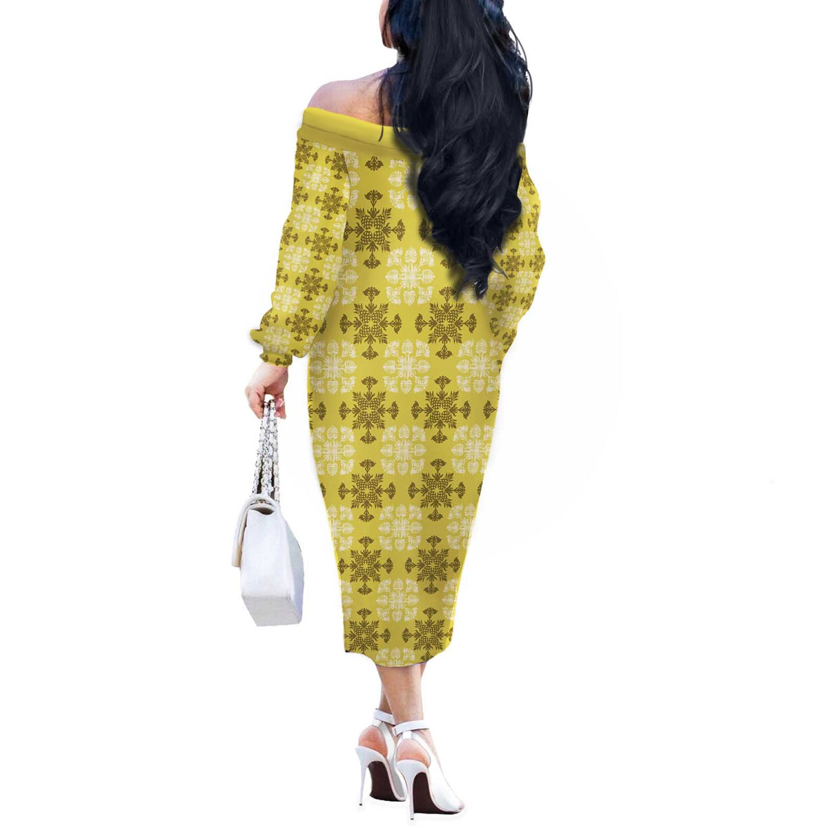 Yellow Hawaiian Quilt Off The Shoulder Long Sleeve Dress Hawaii Pineapple Monstera Palaka Motifs - Polynesian Pride