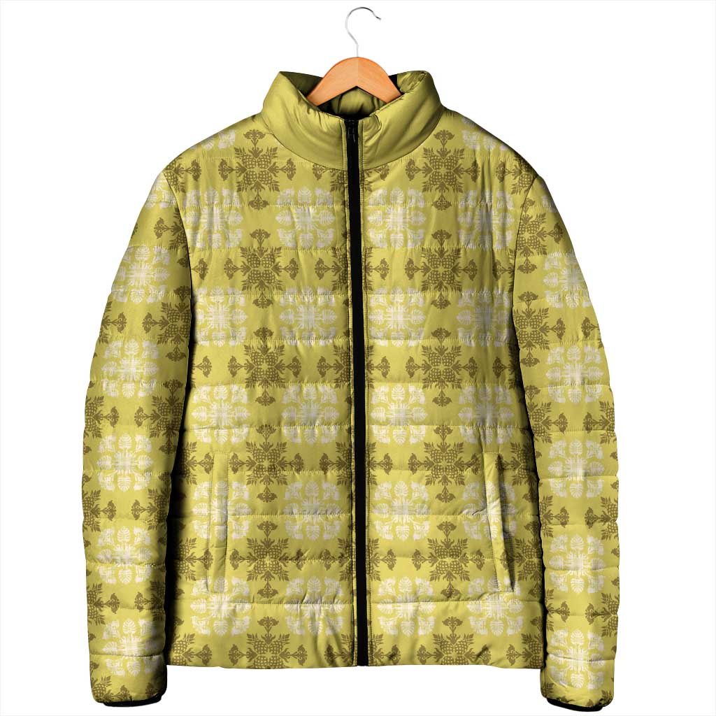 Yellow Hawaiian Quilt Padded Jacket Hawaii Pineapple Monstera Palaka Motifs - Polynesian Pride