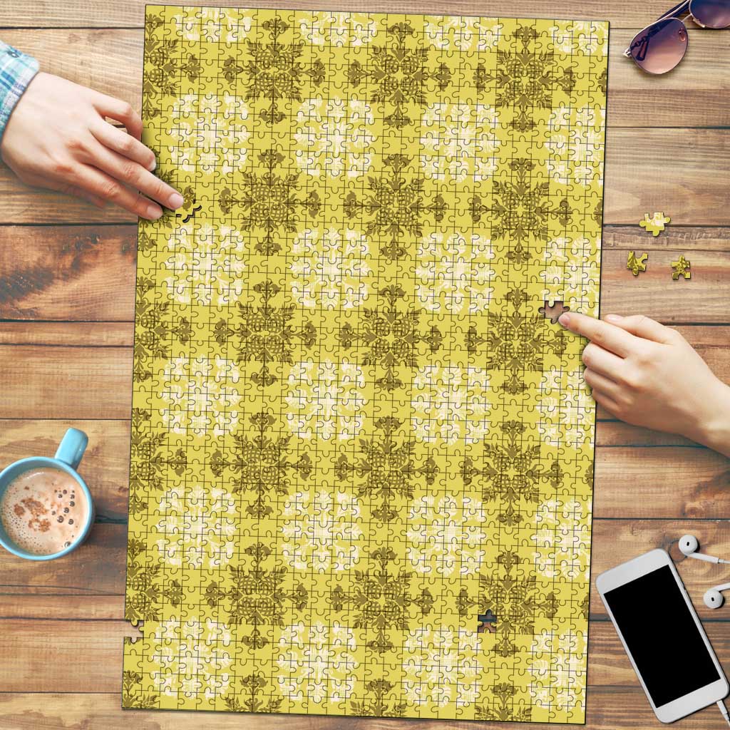 Yellow Hawaiian Quilt Puzzle Hawaii Pineapple Monstera Palaka Motifs - Polynesian Pride