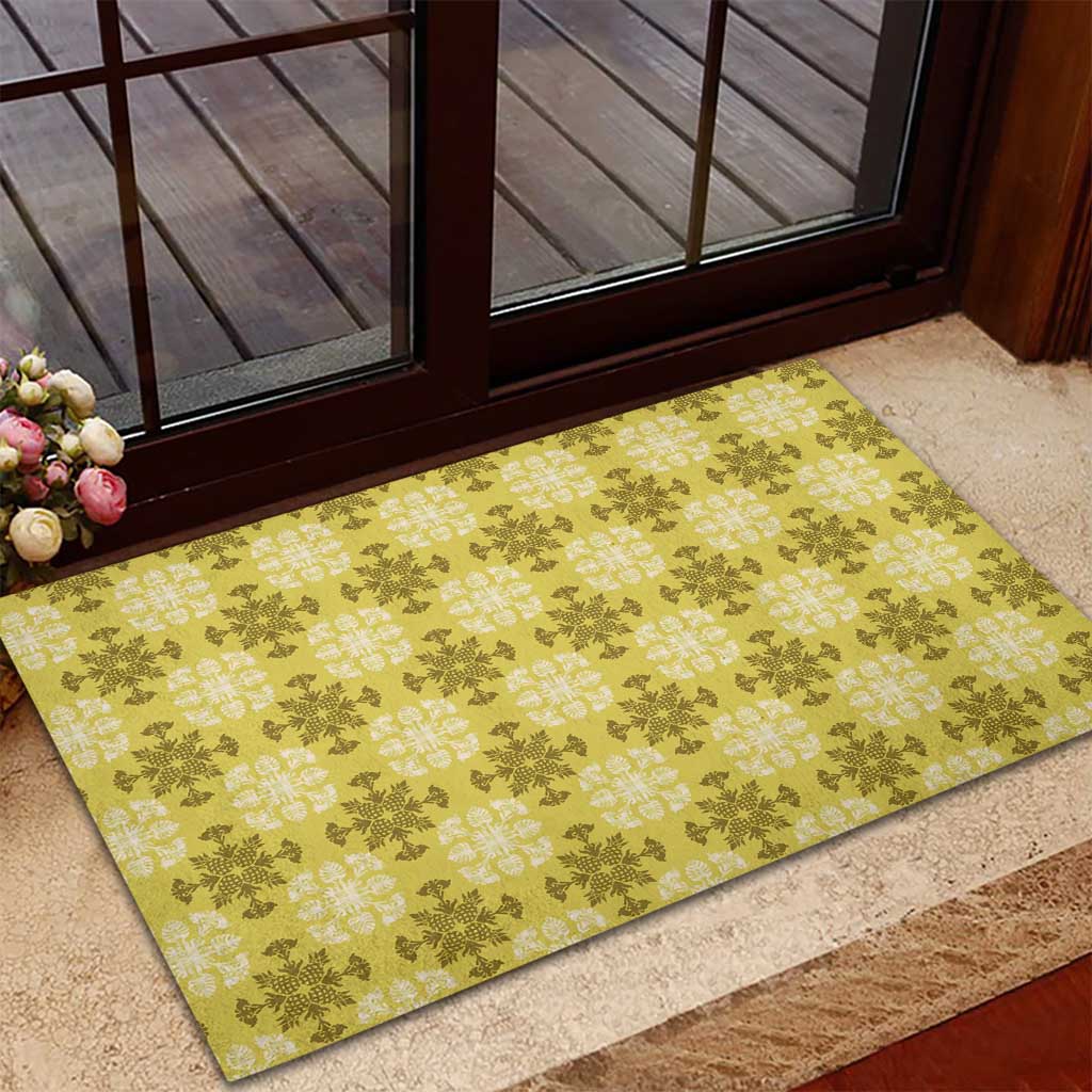Yellow Hawaiian Quilt Rubber Doormat Hawaii Pineapple Monstera Palaka Motifs - Polynesian Pride