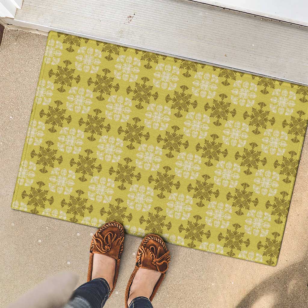 Yellow Hawaiian Quilt Rubber Doormat Hawaii Pineapple Monstera Palaka Motifs - Polynesian Pride