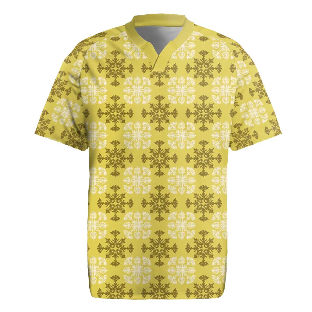 Yellow Hawaiian Quilt Rugby Jersey Hawaii Pineapple Monstera Palaka Motifs - Polynesian Pride