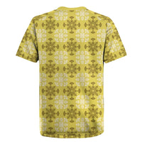 Yellow Hawaiian Quilt Rugby Jersey Hawaii Pineapple Monstera Palaka Motifs - Polynesian Pride