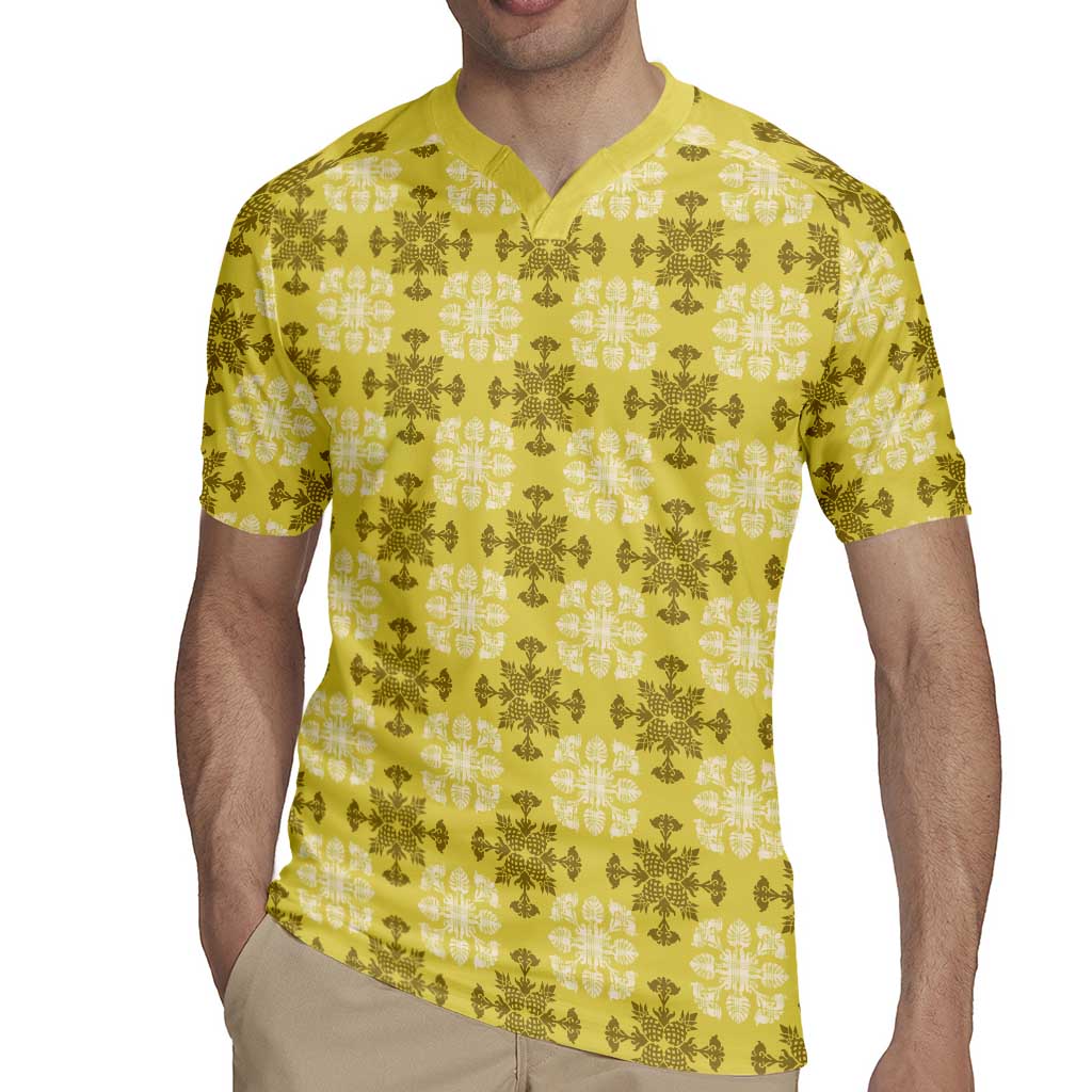 Yellow Hawaiian Quilt Rugby Jersey Hawaii Pineapple Monstera Palaka Motifs - Polynesian Pride