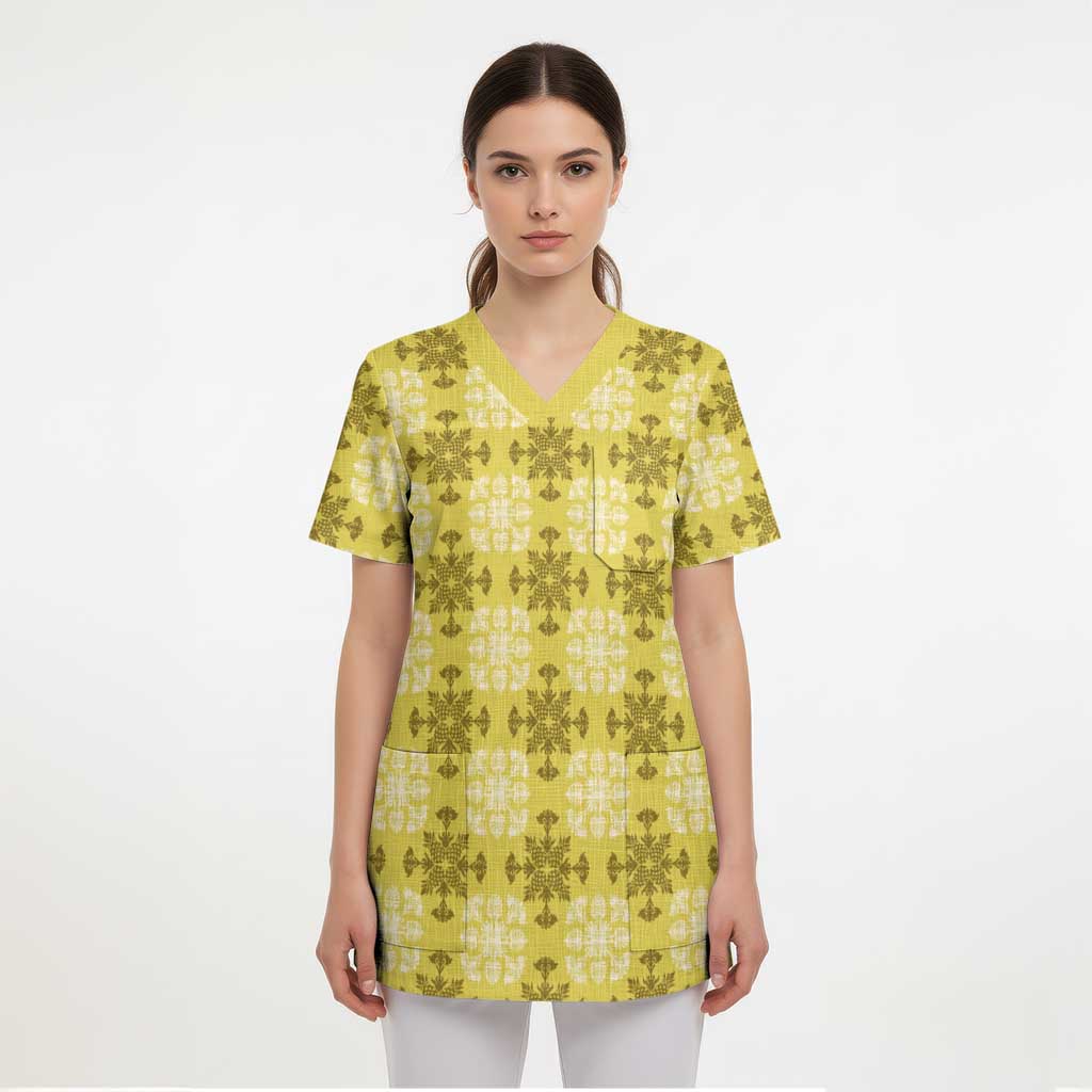 Yellow Hawaiian Quilt Scrub Top Hawaii Pineapple Monstera Palaka Motifs - Polynesian Pride