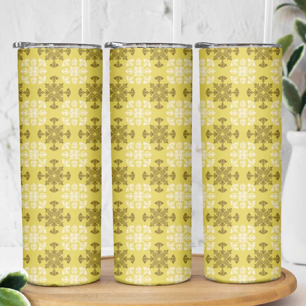 Yellow Hawaiian Quilt Skinny Tumbler Hawaii Pineapple Monstera Palaka Motifs - Polynesian Pride