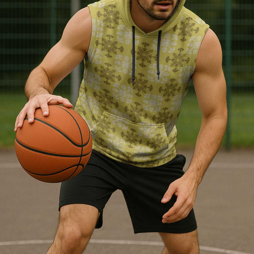 Yellow Hawaiian Quilt Sleeveless Hoodie Hawaii Pineapple Monstera Palaka Motifs - Polynesian Pride