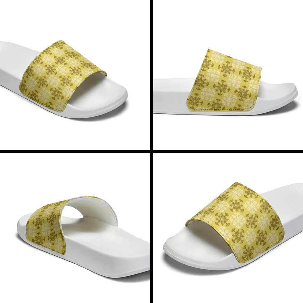Yellow Hawaiian Quilt Slide Sandals Hawaii Pineapple Monstera Palaka Motifs - Polynesian Pride