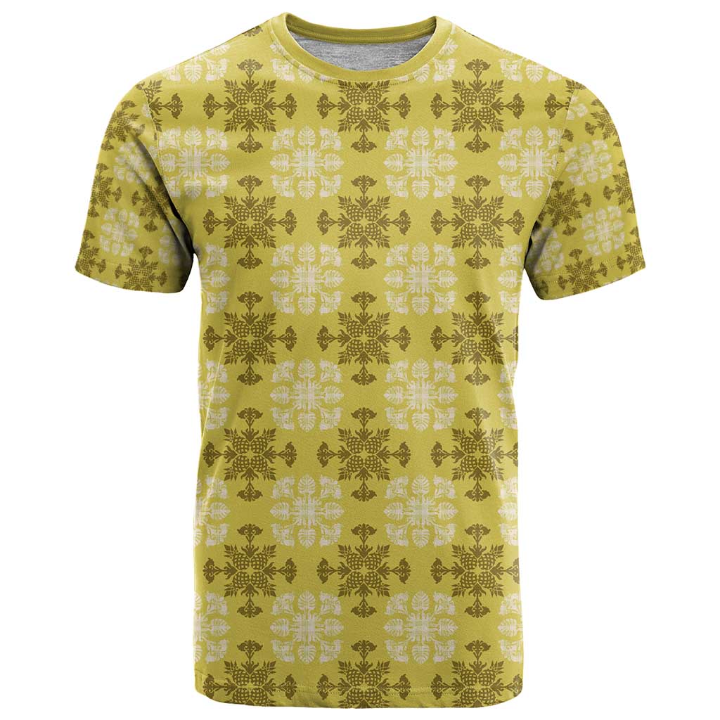 Yellow Hawaiian Quilt T Shirt Hawaii Pineapple Monstera Palaka Motifs - Polynesian Pride