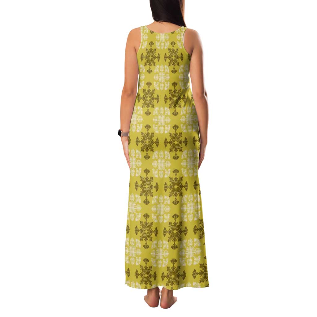 Yellow Hawaiian Quilt Tank Maxi Dress Hawaii Pineapple Monstera Palaka Motifs - Polynesian Pride