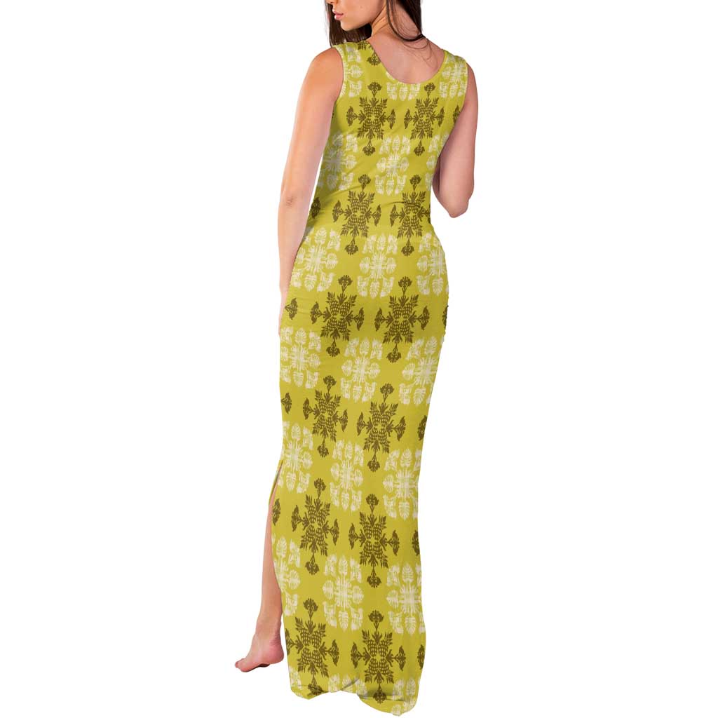 Yellow Hawaiian Quilt Tank Maxi Dress Hawaii Pineapple Monstera Palaka Motifs - Polynesian Pride