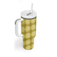 Yellow Hawaiian Quilt Tumbler With Handle Hawaii Pineapple Monstera Palaka Motifs - Polynesian Pride
