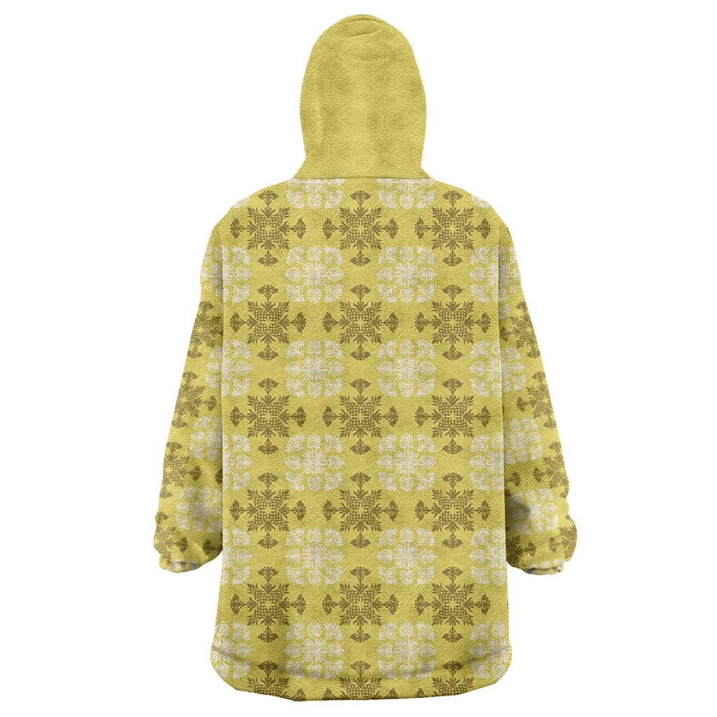 Yellow Hawaiian Quilt Wearable Blanket Hoodie Hawaii Pineapple Monstera Palaka Motifs - Polynesian Pride