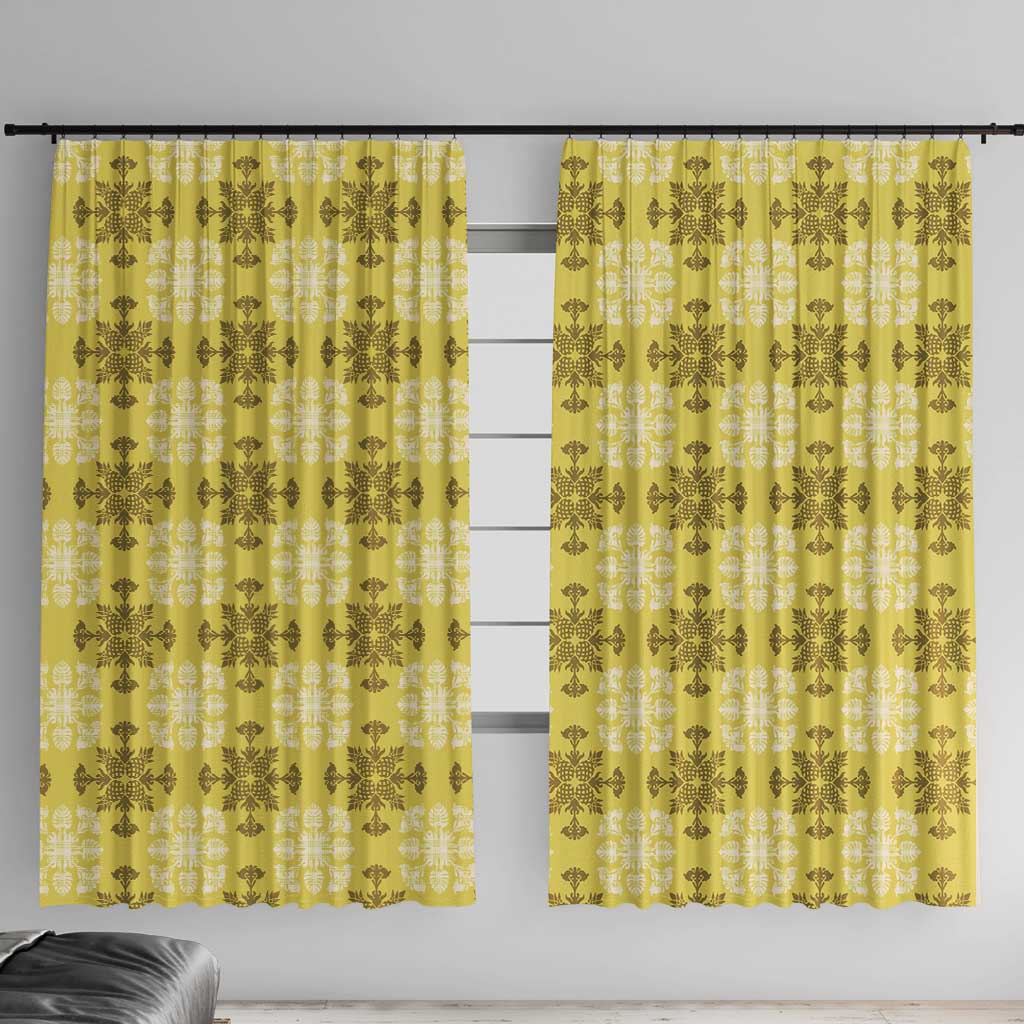 Yellow Hawaiian Quilt Window Curtain Hawaii Pineapple Monstera Palaka Motifs - Polynesian Pride