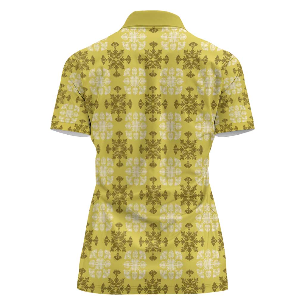 Yellow Hawaiian Quilt Women Polo Shirt Hawaii Pineapple Monstera Palaka Motifs - Polynesian Pride