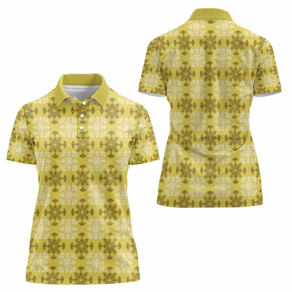 Yellow Hawaiian Quilt Women Polo Shirt Hawaii Pineapple Monstera Palaka Motifs - Polynesian Pride