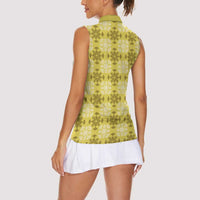 Yellow Hawaiian Quilt Women Sleeveless Polo Shirt Hawaii Pineapple Monstera Palaka Motifs - Polynesian Pride