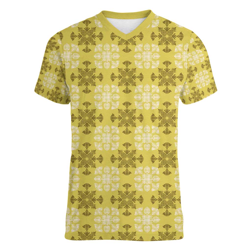 Yellow Hawaiian Quilt Women V-Neck T-Shirt Hawaii Pineapple Monstera Palaka Motifs - Polynesian Pride
