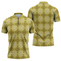 Yellow Hawaiian Quilt Zipper Polo Shirt Hawaii Pineapple Monstera Palaka Motifs - Polynesian Pride