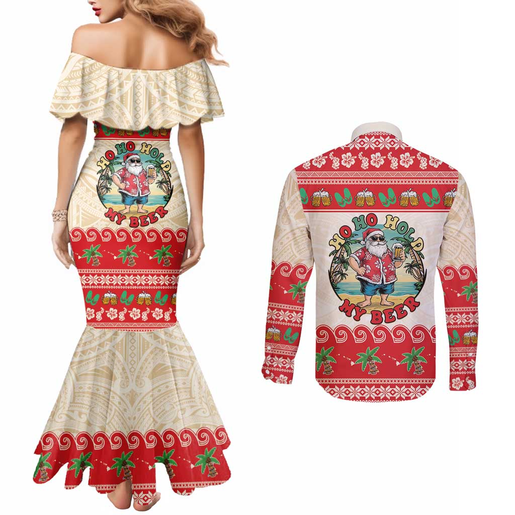 Mele Kalikimaka Hawaii Couples Matching Mermaid Dress and Long Sleeve Button Shirt Funny Beer-Loving Santa Hawaiian Tropical - Polynesian Pride